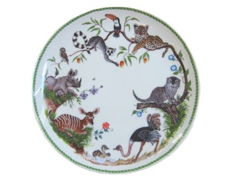 10 3/8" Jungle Party Dinner Plate by Lynn Chase Designs • Vintage 1988 Wild Animal Babies, River Forest Natives  • Colorful & Joyous • Japan