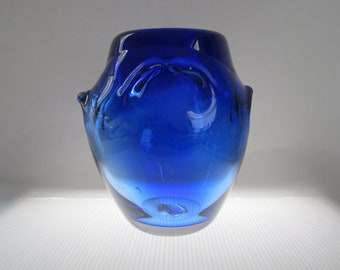 9" John Gerletti Art Glass Vase Cobalt Blue • Vintage 2001 Signed Handmade Modern Glassware Lug Handles • Bold Color Centerpiece • CA, USA