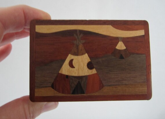 2x3" Small Wood Marquetry Trinket Box with Native… - image 10