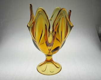 7 1/2" Handkerchief Vase Amber Glass Epic Line by Viking • Vintage Mid-20th Century 6-Petal Free-Form #1436 • Ribbed,  Round Foot • WV, USA