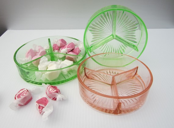 Vintage Depression Glass Dish: Pink or Green, 3-part Candy Bowl - Etsy