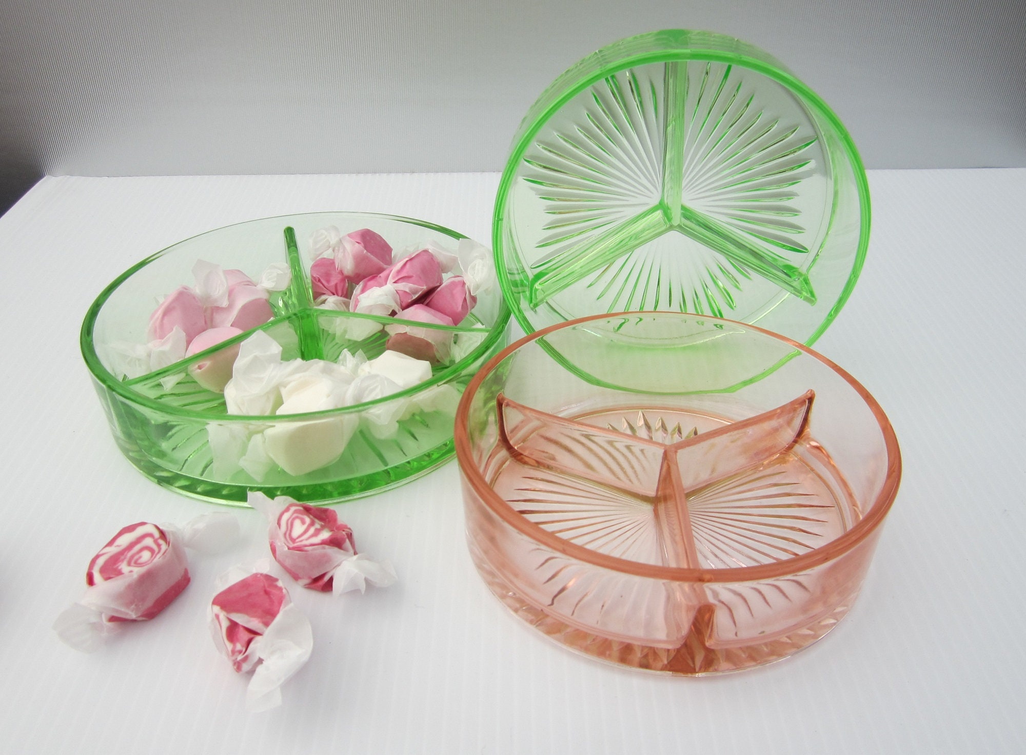 CHOICE: 3-part Round Depression Glass Dish, Pink or Uranium