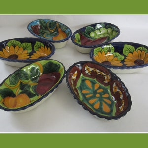 6-Pc Talavera Bowl Oval Hand-Decorated by Venegas • Vintage Lead Free Side Dish Set • Traditional Bright Colorful Glazed Pottery • NL Mexico