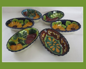 6-Pc Oval Bowl Set Hand-Decorated Traditional Talavera by Venegas • Vintage Lead Free Side Dish Brightly Colored Glazed Pottery • NL, Mexico