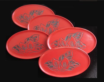 5-Pc Japanese Lacquerware Vermilion Matte Red Plate Set • Murakami Kobori Tsuishu Carved Wood Oval Sushi Dishes • Vintage New • Floral Lily