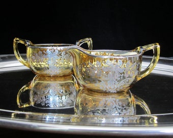 2-Pc Duncan & Miller Line 29 Cream and Sugar Set • Amber Glass with Sterling Silver Floral Overlay • Vintage Early 20th Century Elegance USA