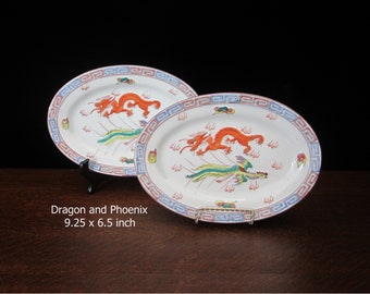 2,4,6 Pc Oval Plate Chinese Dragon and Phoenix Handpainted Porcelain • 9" Dim Sum Set, Meander Red, Blue Rim • Vintage Qiánlóng Mark 大清乾 隆年製