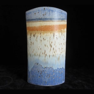 8 1/2 Studio Art Pottery Vase Signed Unknown Artist Rustic Hand Built Oval Slab Form Vivid Horizonal Bands Blue Periwinkle, Orange, Tan image 10