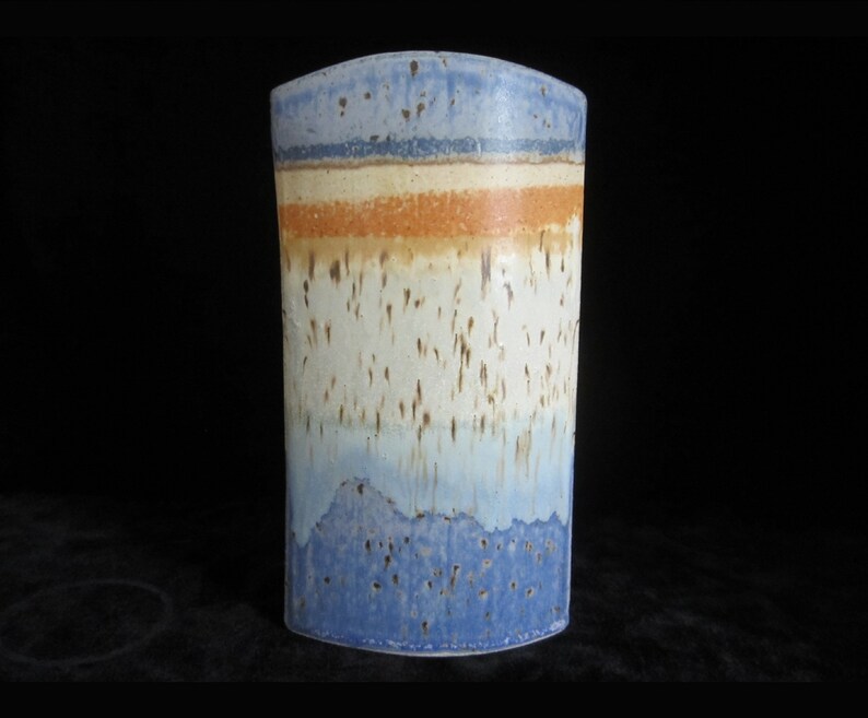 8 1/2 Studio Art Pottery Vase Signed Unknown Artist Rustic Hand Built Oval Slab Form Vivid Horizonal Bands Blue Periwinkle, Orange, Tan image 10