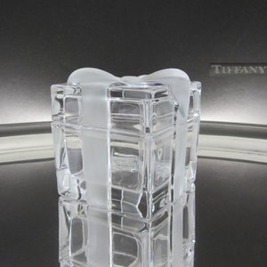 Tiffany & Co. Crystal Gift Box Square with Frosted Bow • Vintage Signed Trinket, Jewelry, Candy Holder