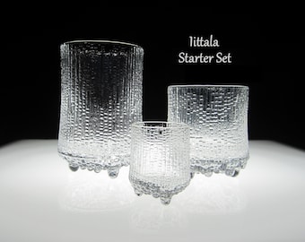 3-Pc Iittala Ultima Thule Tumblers: Cordial, On-the-Rocks, Highball • Vintage 1968 Blown Ice Glass Starter Set • Tapio Wirkkala, Finland