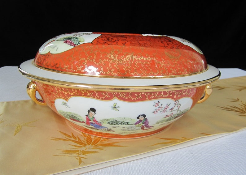 Porcelain Geisha Girl Lidded Bowl Red-Orange Restaurant Ware Vintage Japanese Style Extra Large Gold Trimmed Tureen Colorful Serving Dish