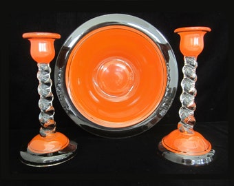 3-Pc Console Set Orange & Black Glass Candle Holders and Bowl • Vintage 1920s-40s Art Deco Reverse Painted Bright Bold Color Geometric Lines