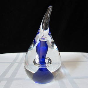 Adam Jablonski Teardrop Paperweight • Vintage Signed A.J. Cobalt Blue & Clear • Controlled Bubble Modernist Crystal • Master Glass Artist