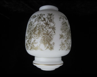 11 5/8" Glass Pendant Swag Ceiling Light Shade White & Gold Floral Design • Vintage MCM Hollywood Regency Style • Vertical Ovoid Odd Shape