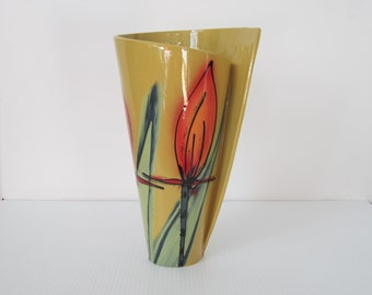 10 1/2” Jan Kamphuis Flower Vase Handmade Ceramic Spiral Slab • Signed Modern Abstract Tulips Bright Red-Orange Green Gold • The Netherlands