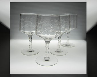 4-Pc Water Goblet 14186-1 Floral Cut by Tiffin Franciscan • Vintage 1930s Blown Gray & Polished Cut Panel Optic, 16-Petal Daisy, Dots •