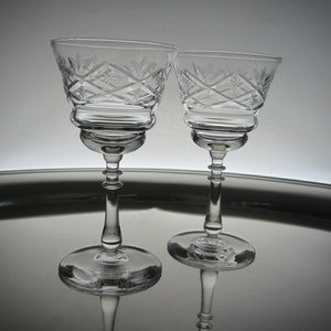2-Pc Bryce Bros. Liquor Cocktail Glass 865-2 Wheel Cut Polished & Gray Fans, Diamonds, Stars Blown Crystal Goblet Vintage 1930s PA USA image 2