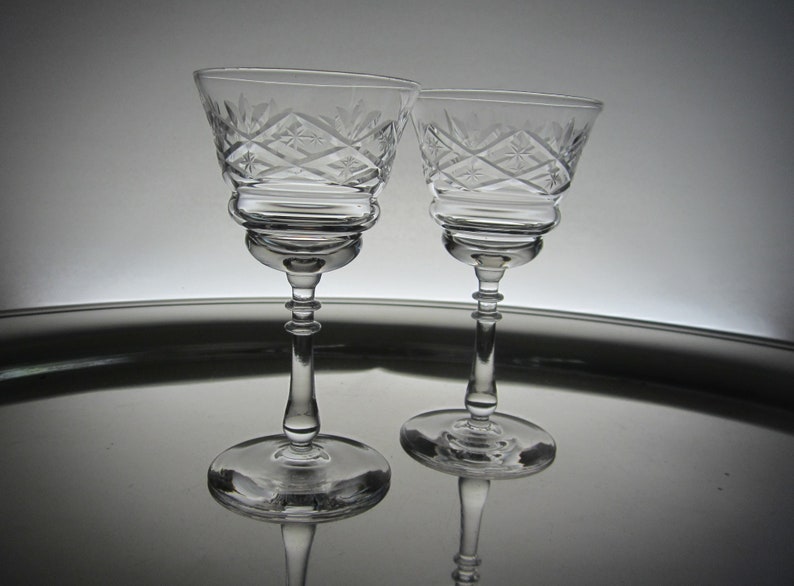 2-Pc Bryce Bros. Liquor Cocktail Glass 865-2 Wheel Cut Polished & Gray Fans, Diamonds, Stars Blown Crystal Goblet Vintage 1930s PA USA image 2