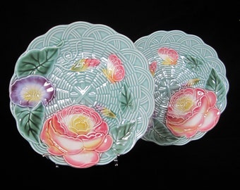 2-Pc Geneviève Lethu 8 1/2" Salad/Luncheon Plate • Teal Wicker Floral Pink & Purple • Vintage 1980s Embossed French Barbotine • Paris France