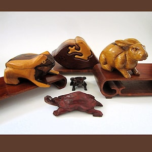 Animal Figurine, Hand-Carved Wooden Tree Turtle, Frog Puzzle Box, Netsuke Rabbit • Vintage Selection