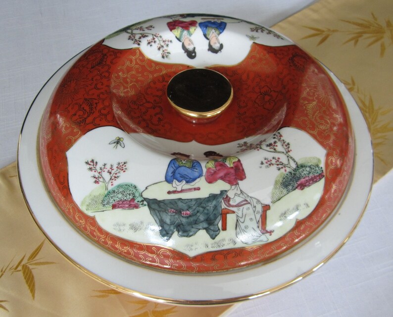 Porcelain Geisha Girl Lidded Bowl Red-Orange Restaurant Ware Vintage Japanese Style Extra Large Gold Trimmed Tureen Colorful Serving Dish