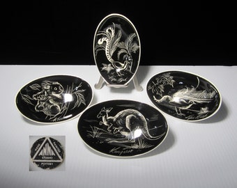 4-Pc Studio Anna Australia Handmade Oval Dish Set, Wild Animal Motifs • Vintage Midcentury Kitsch Black White Kangaroo, Koala, Lyre Bird, AU