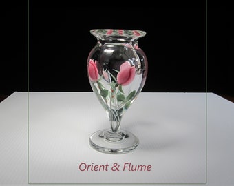 6.75" Orient & Flume Paperweight Vase Signed Bruce Sillars Art Glass • Vintage Hand Blown Crystal Cased Pink Rosebuds • Registered Chico USA