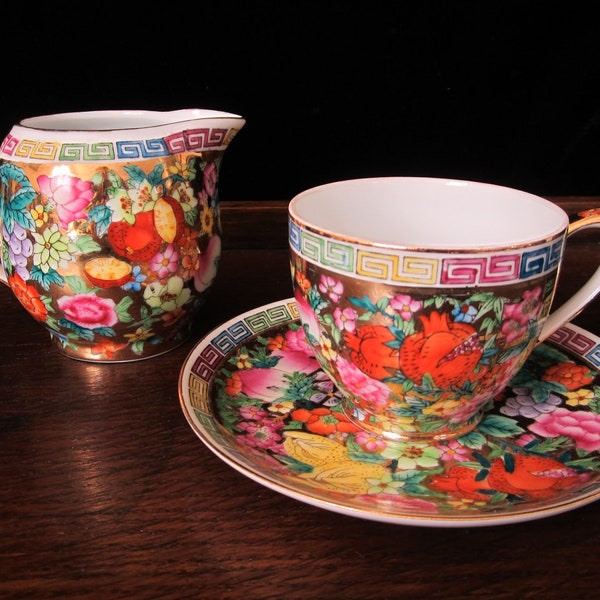 3-Pc Chinese Millefleur 4 Oz. Cup & Saucer with Creamer • Vintage Porcelain Chaocai Enamelware • Colorful Flowers Fruits Meander Rim Swatow