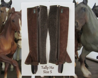 Tally Ho Child's Half Chaps Size S Suede Leather, Brown • Vintage UK Riding Gear for Children • Sturdy Zipper, Stretch Panel, Snap • England