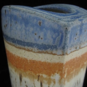 8 1/2 Studio Art Pottery Vase Signed Unknown Artist Rustic Hand Built Oval Slab Form Vivid Horizonal Bands Blue Periwinkle, Orange, Tan image 8