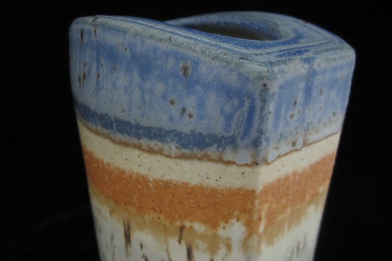 8 1/2 Studio Art Pottery Vase Signed Unknown Artist Rustic Hand Built Oval Slab Form Vivid Horizonal Bands Blue Periwinkle, Orange, Tan image 8