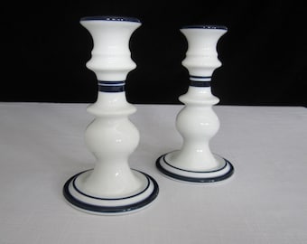 2-Pc Christianshavn Blue Candlestick by Dansk Bistro, Japan • Classic Sapphire & White Candle Holders • Vintage 1980s by Niels Refsgaard NR