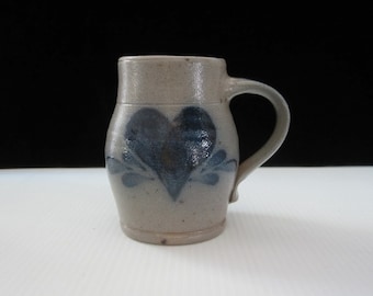 Vintage Rowe Pottery Mug with Cobalt Blue Heart • 1991 14 Oz Salt Glazed Handmade Rustic Stoneware Coffee Cup • Crafted & Signed in WI, USA