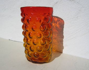 10" Bubble Wrap Flower Vase by Wayne Husted for Blenko • Vintage 1960s MCM Blown Tangerine Glass • Design #6046 • Rare Sandblasted Signature