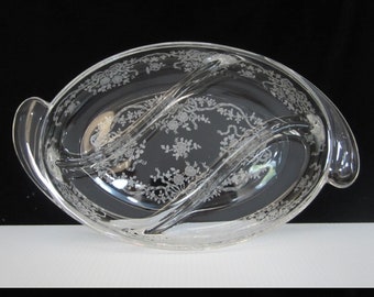 12" Romance 3-Part Relish Dish by Fostoria Glass • Vintage 1940s Elegant Floral Etch #341 Bows & Ribbons • Oval Handled Crystal Wedding Bowl