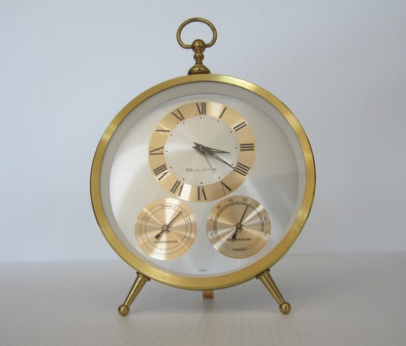 Bulova Weather Station Alarm Clock Brass Windup Temperature