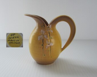 Schoonhoven Holland Pottery Creamer Handcrafted Signed • Vintage Yellow Ochre Brown Ombre Pink Flower Posy Pitcher Vase • Delysia 689 Mark