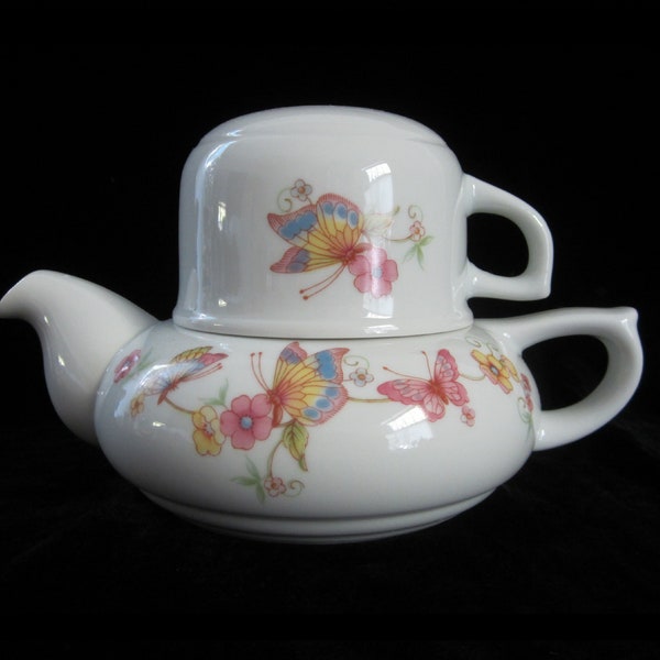 3-Pc Toscany Butterfly Personal Teapot-for-One • Vintage Soft Pastel Floral & Butterflies • Porcelain Built-in Strainer • Crafted in Japan