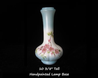 10 3/8" Handpainted Lamp Base Opal Glass Sky Blue Ombré, Pink Floral Blossoms • Vintage Victorian Style Narrow Table Accent Light Body Only