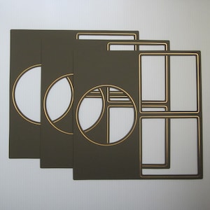 May include: Four brown cardstock sheets with gold-colored cutouts. The cutouts include circles, squares, and rectangles.