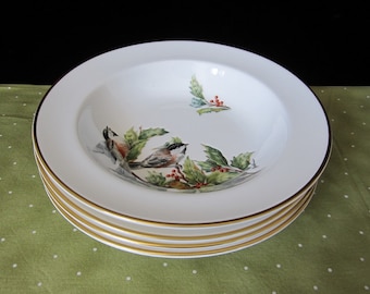 4-Pc Chickadees & Holly Soup Bowl by Boehm • Vintage Gold Trimmed Rimmed Bowls • Colorful Illustrated Birds in Branches • Bone China England