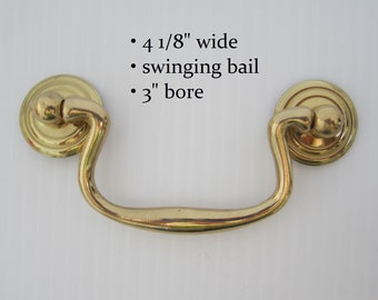 2-Pc 4 1/8" Brass Cabinet Handle Swinging Drop Bail Pull • 3" Bore Plain Round Rosette • New Old Stock • Neoclassical Style Swan-Neck