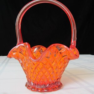 Red Glass Basket with Handle Diamond Point Hobnail Vintage Collectible Handmade Glassware Candy Dish Accent Piece Beveled Starred Base image 6