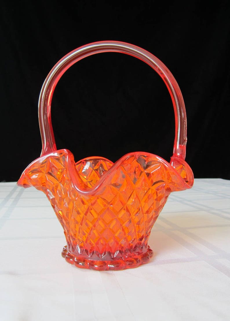 Red Glass Basket with Handle Diamond Point Hobnail Vintage Collectible Handmade Glassware Candy Dish Accent Piece Beveled Starred Base image 6