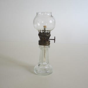 4 1/2&quot; Vintage Miniature Hurricane Oil Light Made in Hong Kong • Midcentury Clear Glass Lamp, Brass Burner and Wick • Dollhouse Collectible