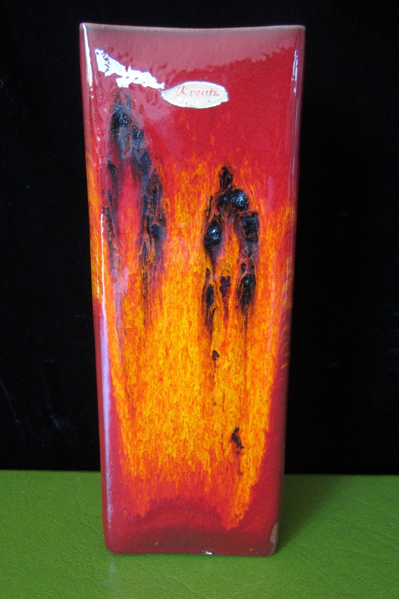 9.5 Fat Lava Vase by Kreutz Keramic Vintage Burnt Orange Red & Black Square Geometric West German MidCentury Decorative Art Pottery image 2