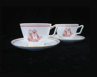 Spode Trade Winds Red Flat Cup & Saucer • Vintage Gold Trimmed Fine Stone • Ship Motifs