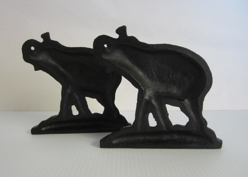 Pair Cast Iron Bookends Connecticut Foundry Elephants with Trunk Up Vintage 1930 Signed Design No. 915 Classic Black Crafted in USA image 7