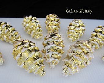 10-Pc Galvas-GP Italy Gold Snowcapped Pinecone Christmas Tree Ornament • Vintage Set of 4" Sparkling Shatterproof Plastic • Colorful Glitter